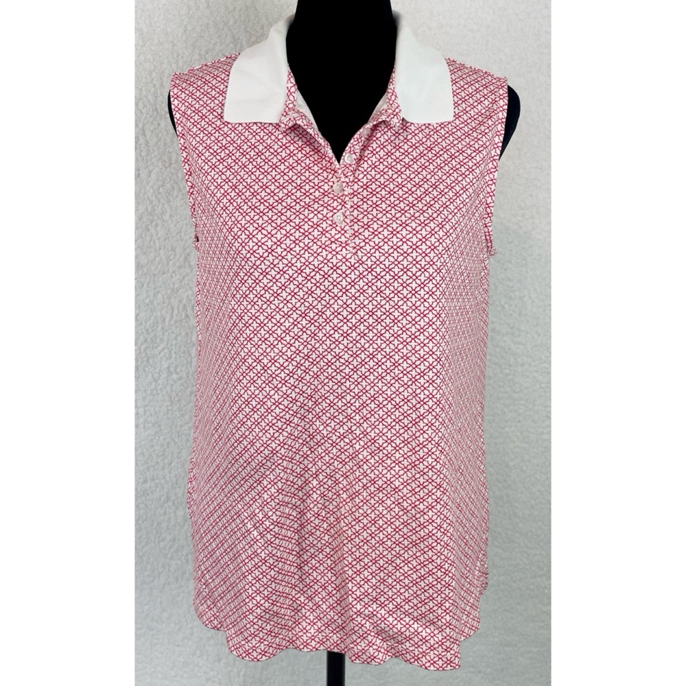 LANDS’ END • Red/White Geometric Print Sleeveless Collared Polo Top, M - Picture 13 of 16
